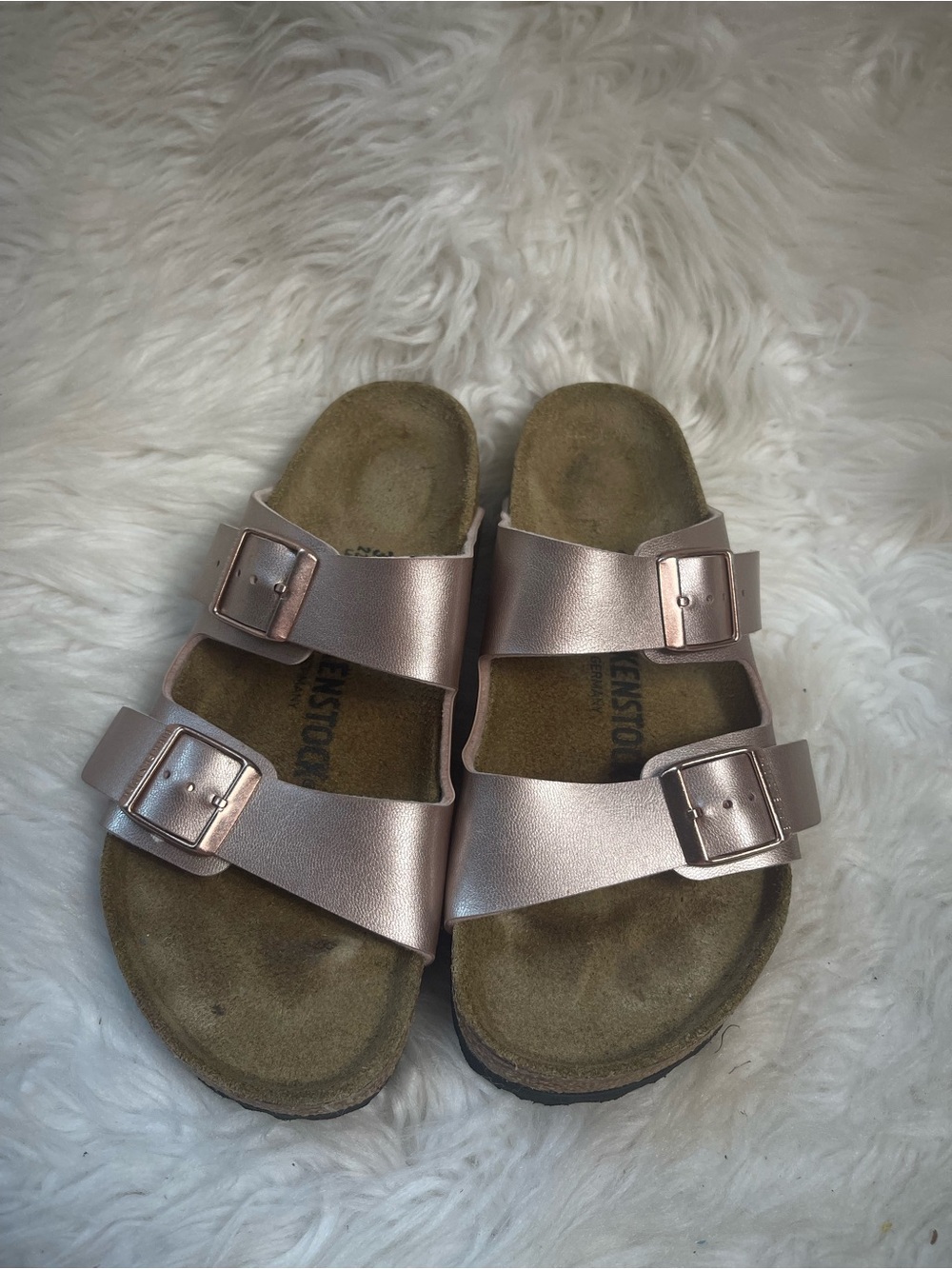 Birkenstock Arizona Birko Flor Metallic Rose Gold Size 8